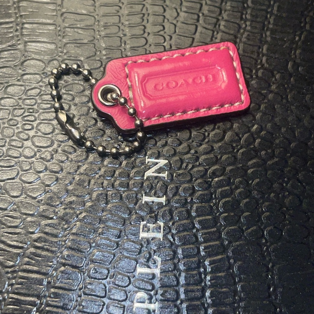 Coach Hot Pink Leather Tag Keychain with Silver Chain